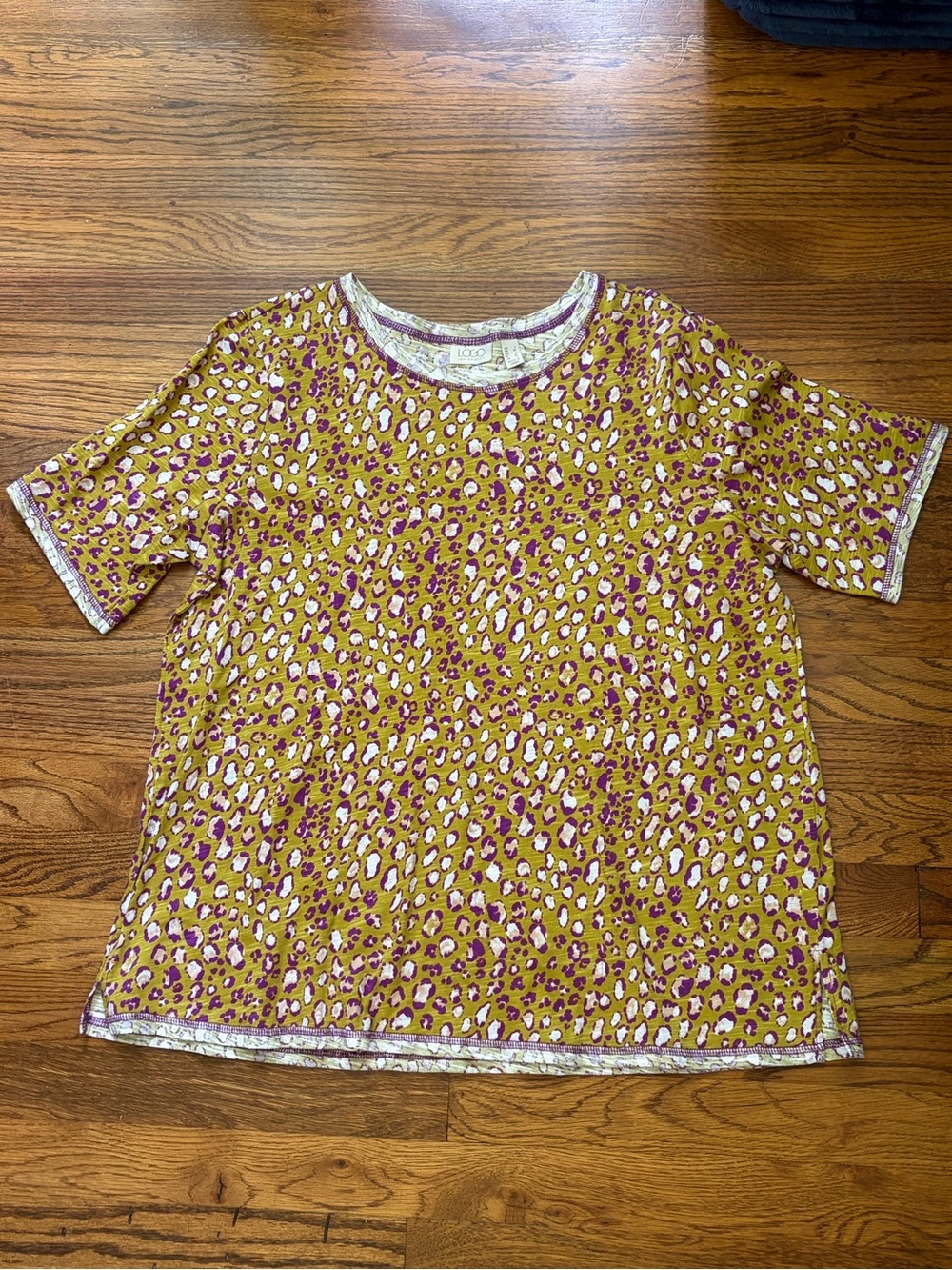 *LOGO by Lori Goldstein Mustard Leopard Print Short Sleeve Tee with Pink Accents